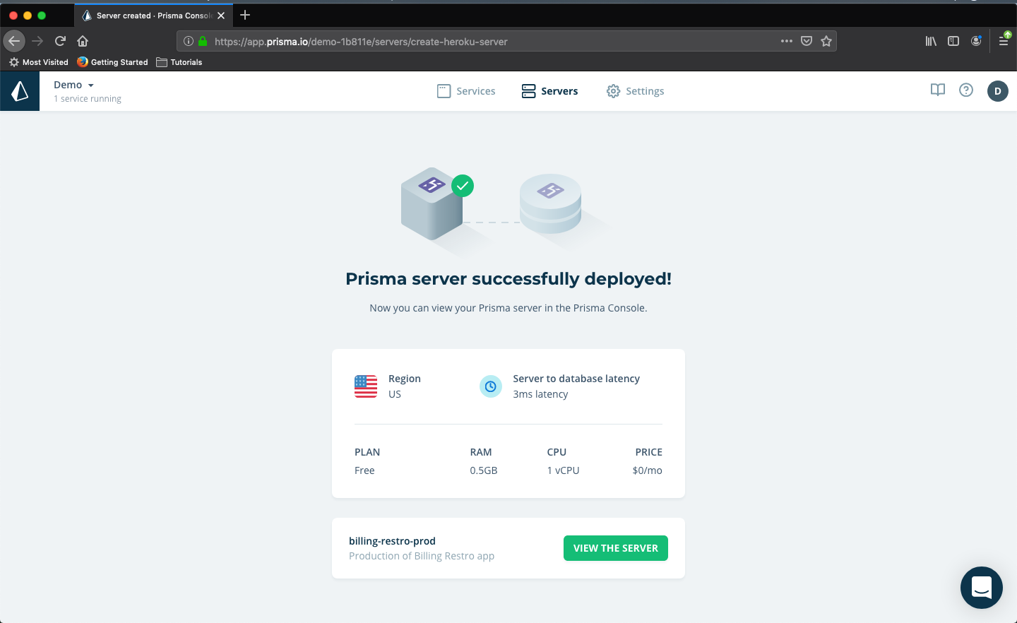 Prisma server successfully deployed
