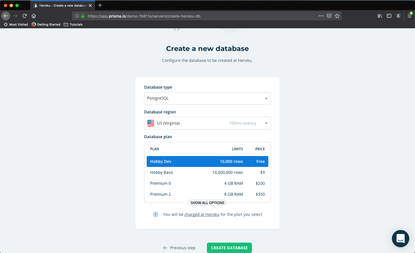 Create new database