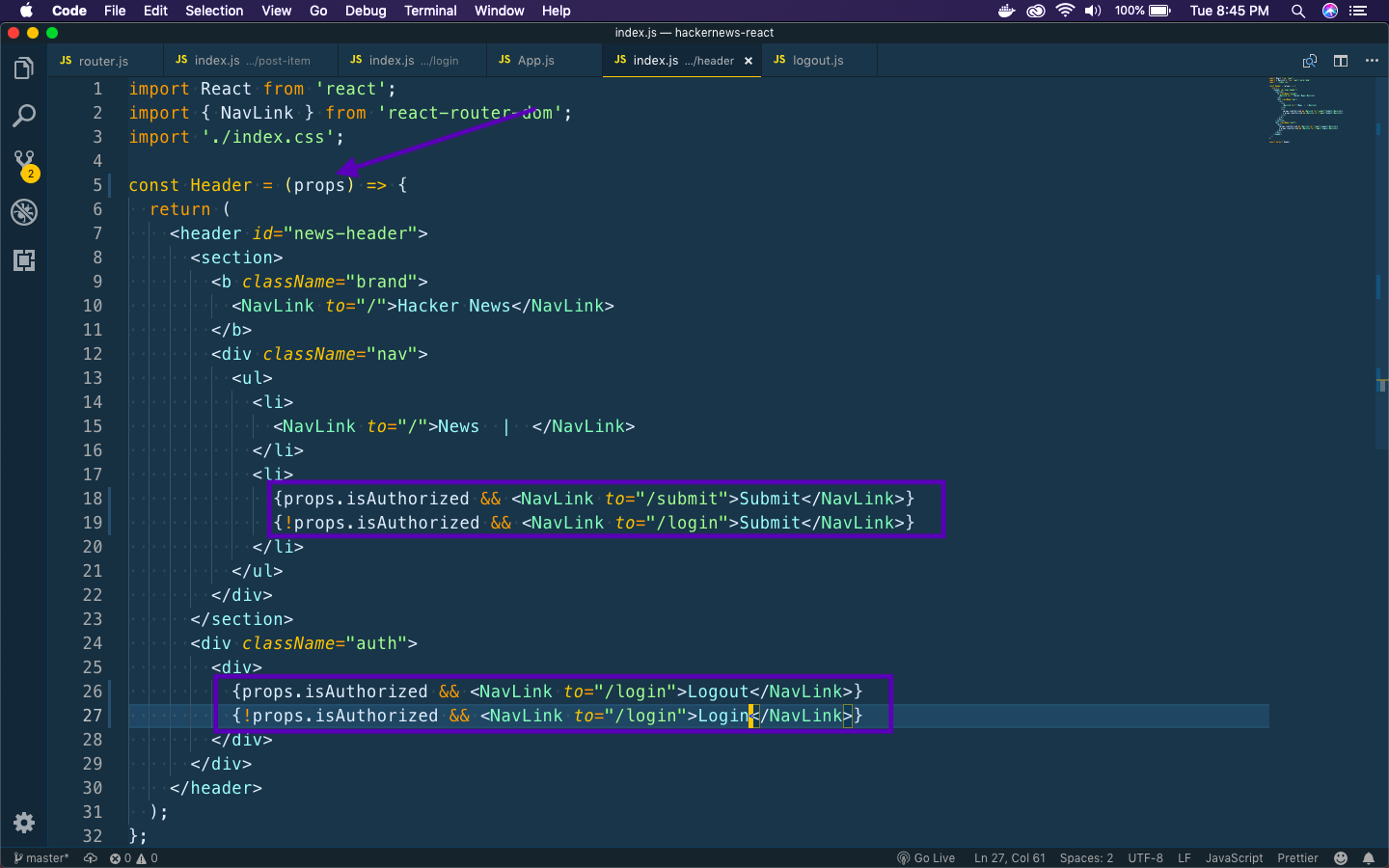 Changes in Header component.