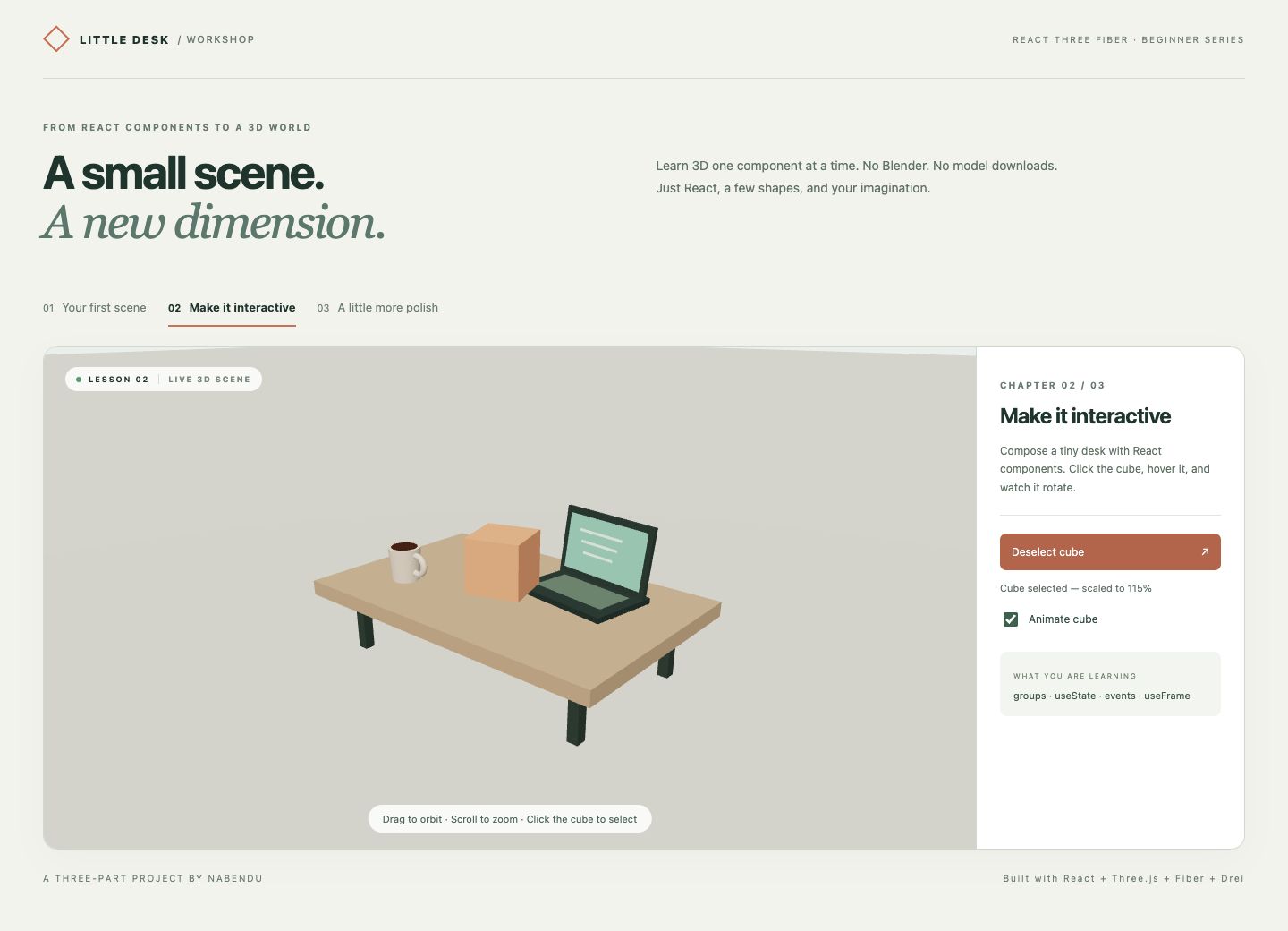 The cube selected through its 3D click handler, with the selection status updated in the sidebar