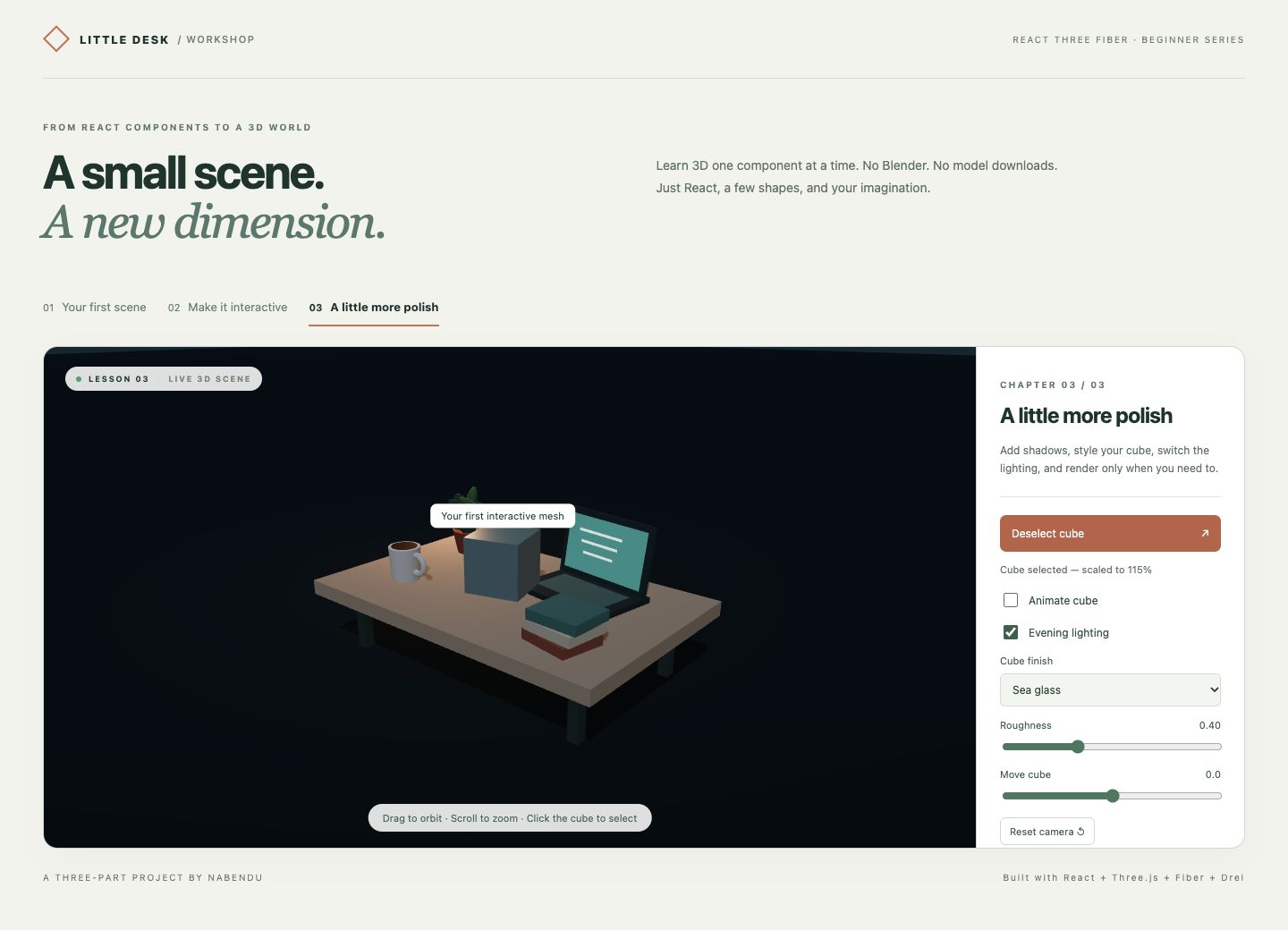 Evening lighting with the cube selected and an HTML label anchored above it