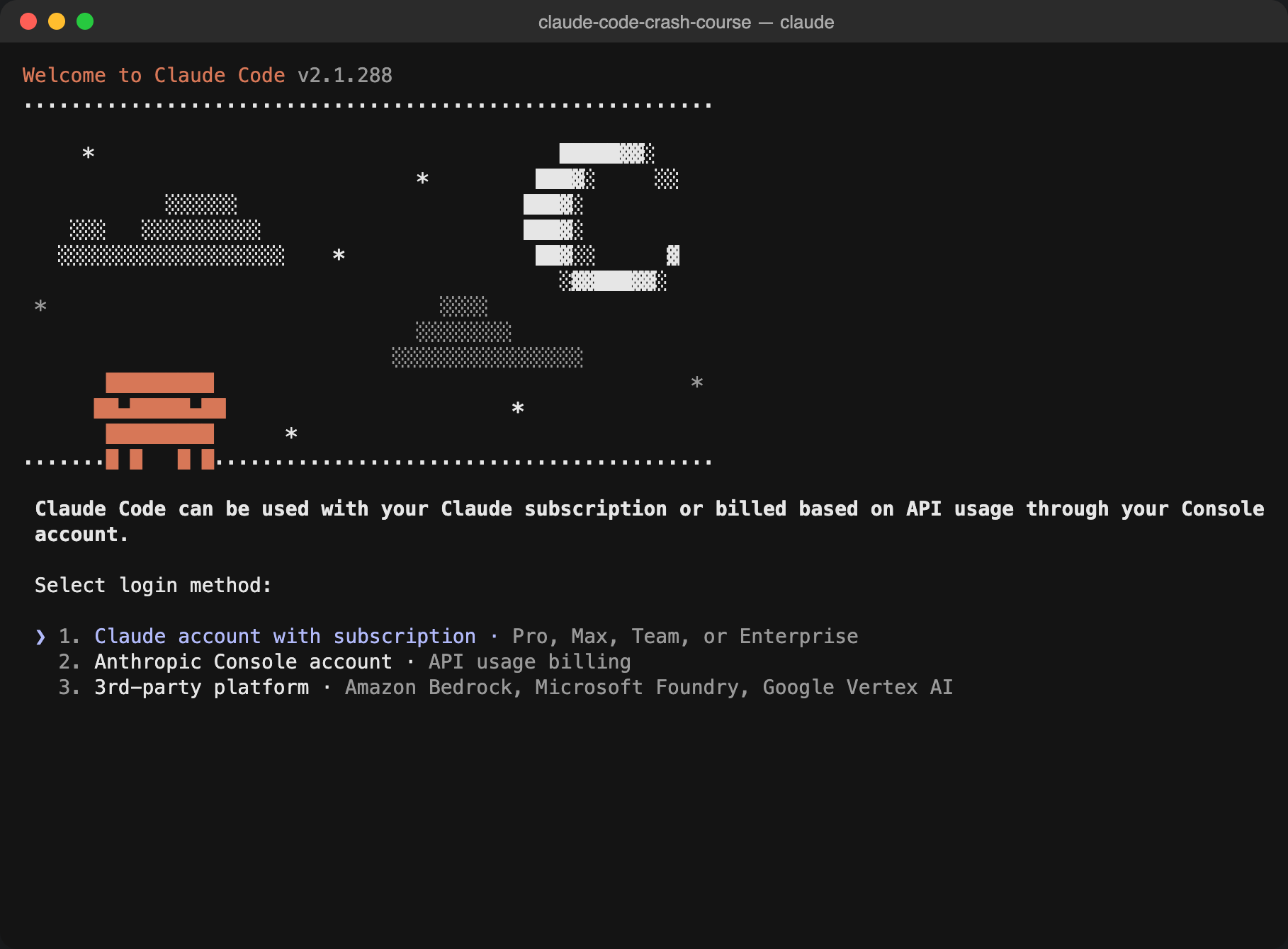Choosing the login method: Claude subscription, Console account or a 3rd-party platform