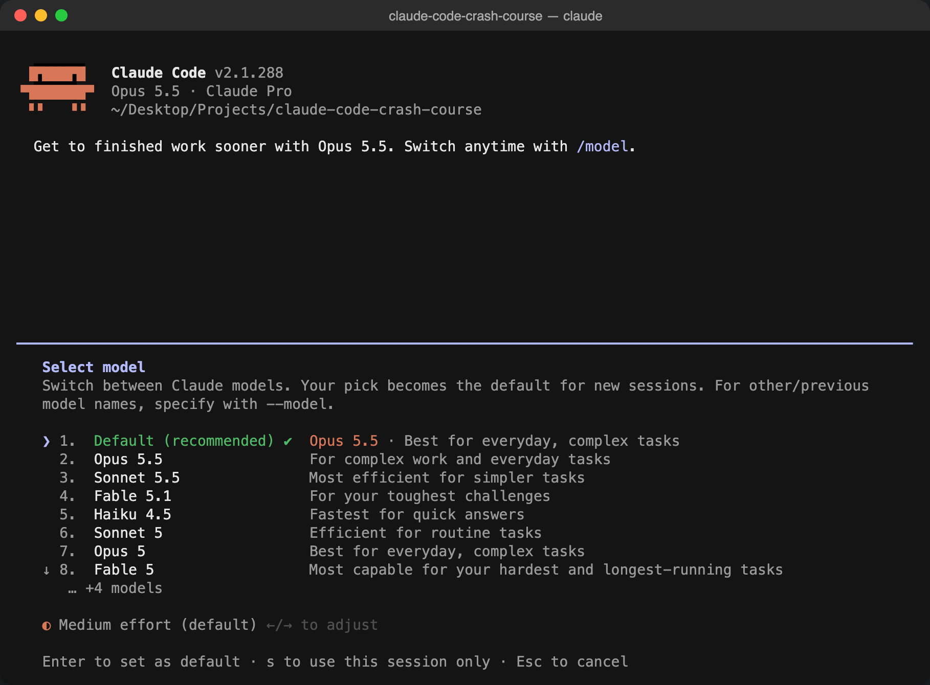 The /model picker listing Opus, Sonnet, Haiku and more