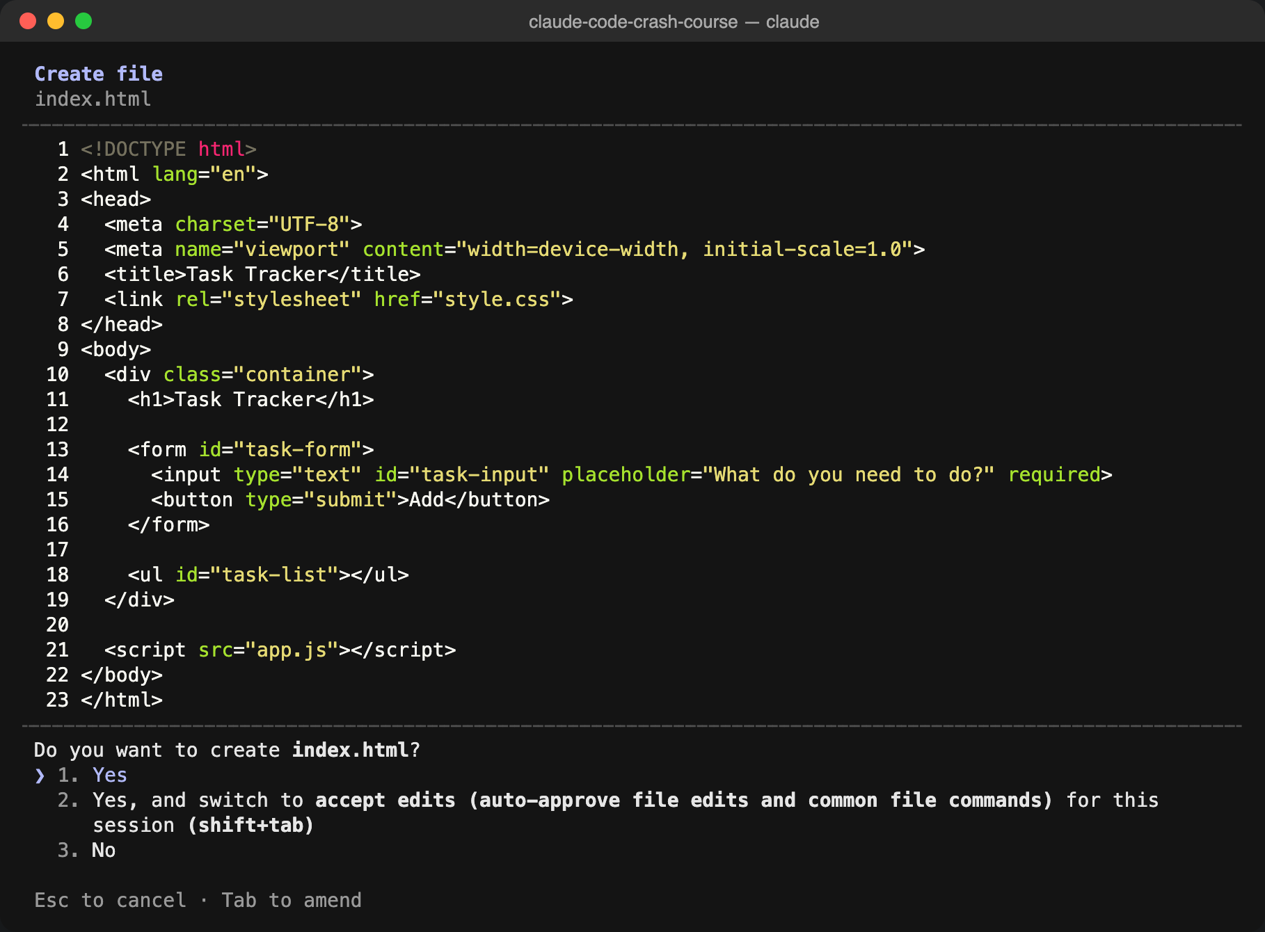 Claude shows index.html and asks: Do you want to create index.html?