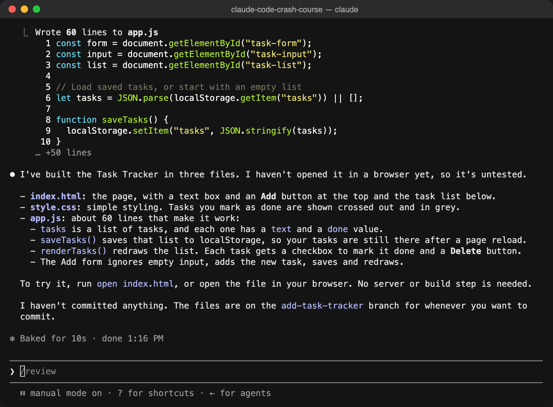 Claude's summary after creating index.html, style.css and app.js