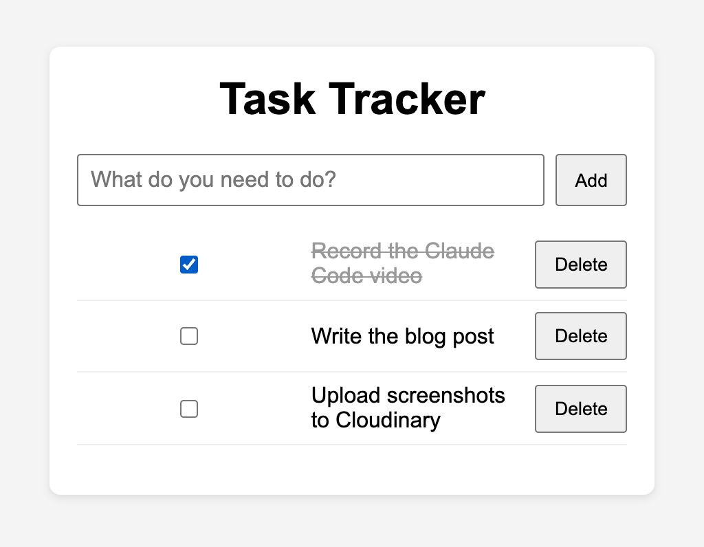 The Task Tracker app with three tasks, one ticked as done