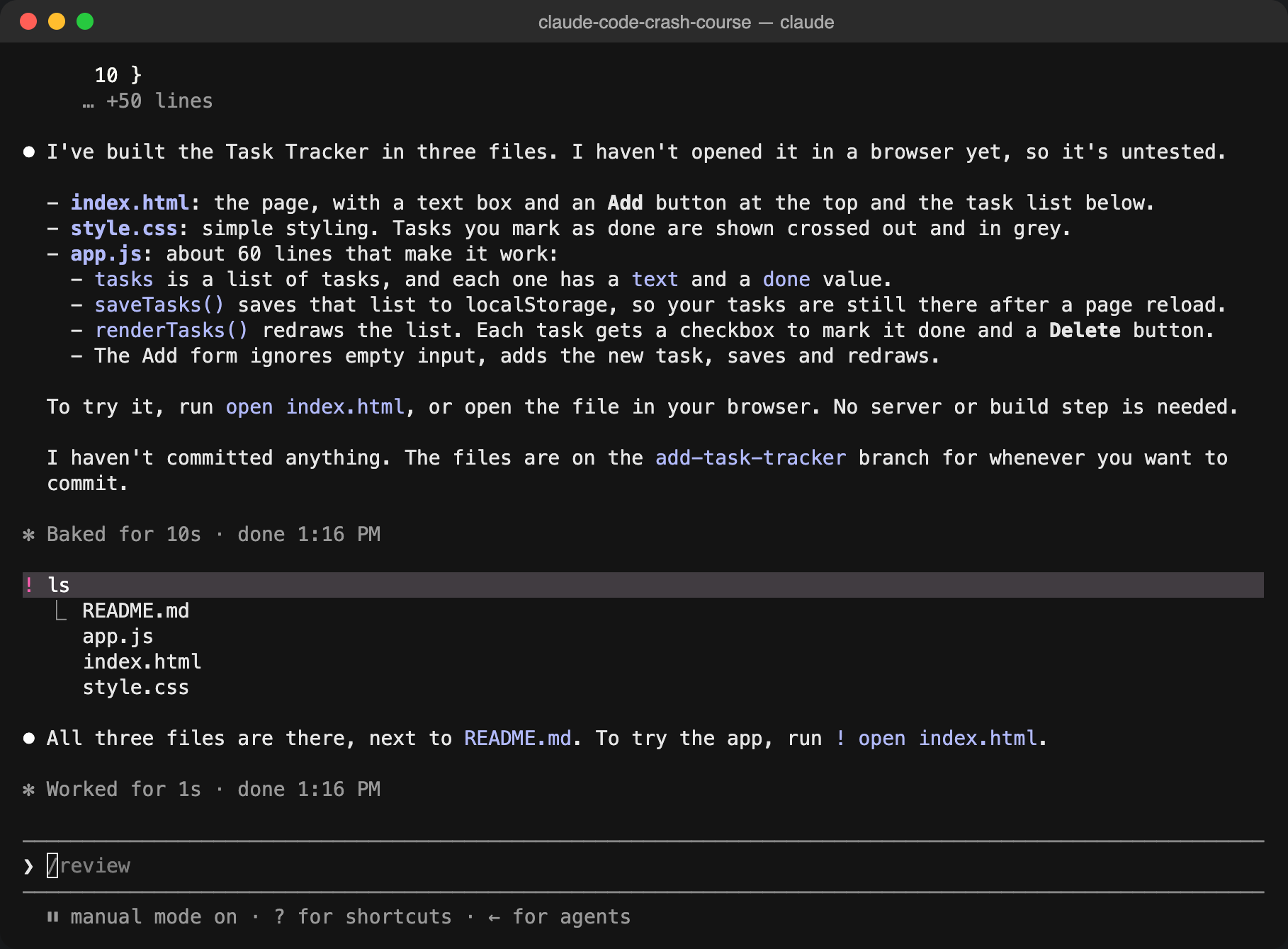 Running ! ls inside Claude Code shows the project files