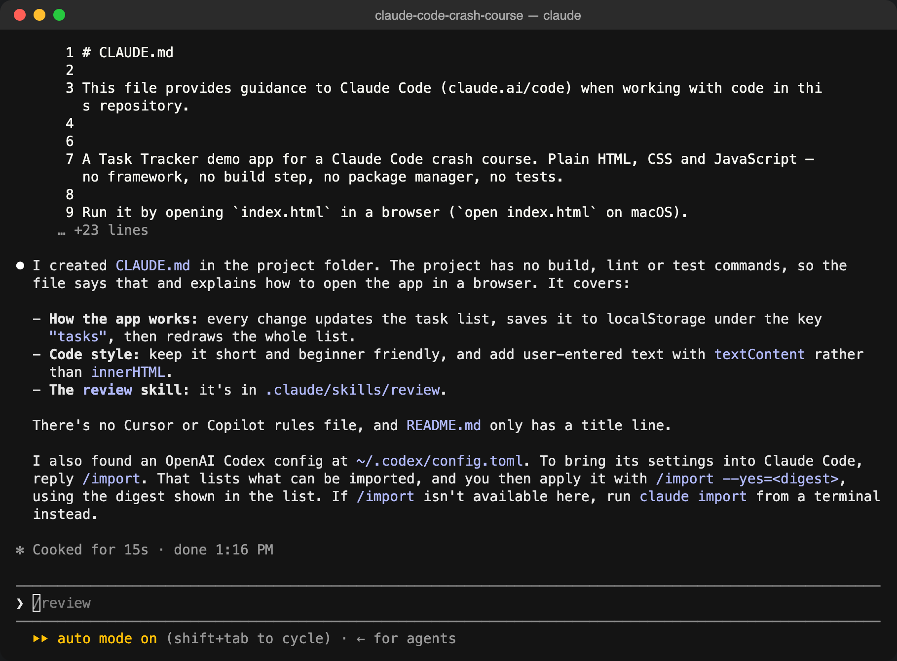 Running /init creates CLAUDE.md with the project overview, architecture and conventions
