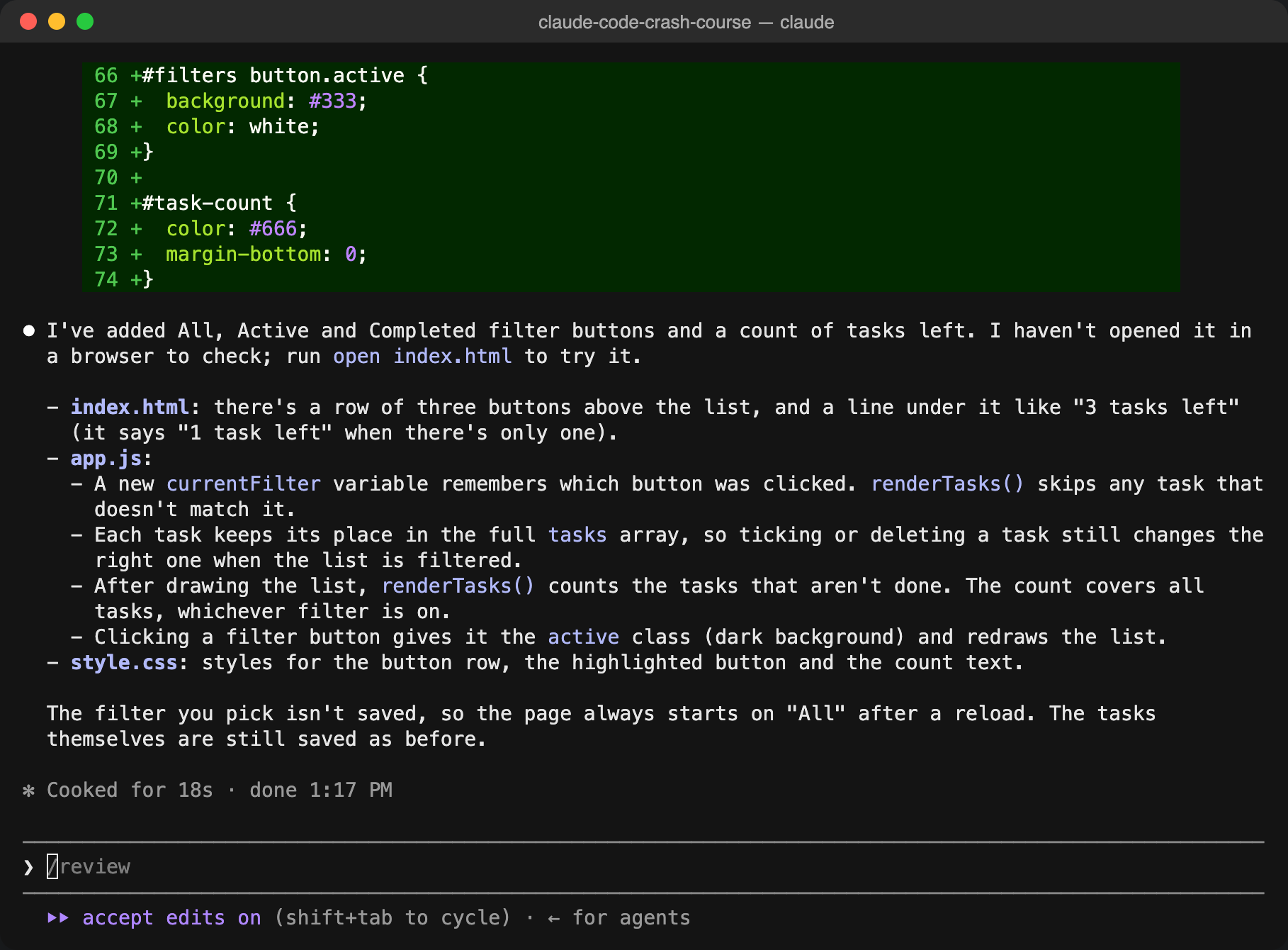 Claude's summary after adding the filter buttons and the tasks-left count