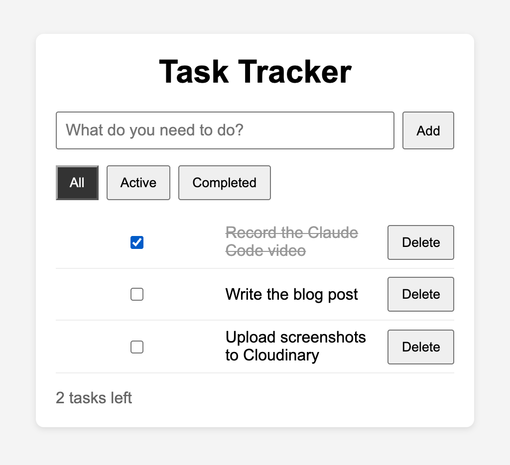 The app with All, Active and Completed filters and a "2 tasks left" count
