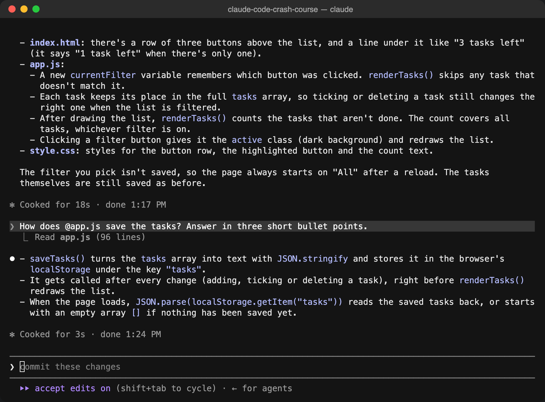 Claude reads app.js and explains saveTasks() and localStorage in three bullets