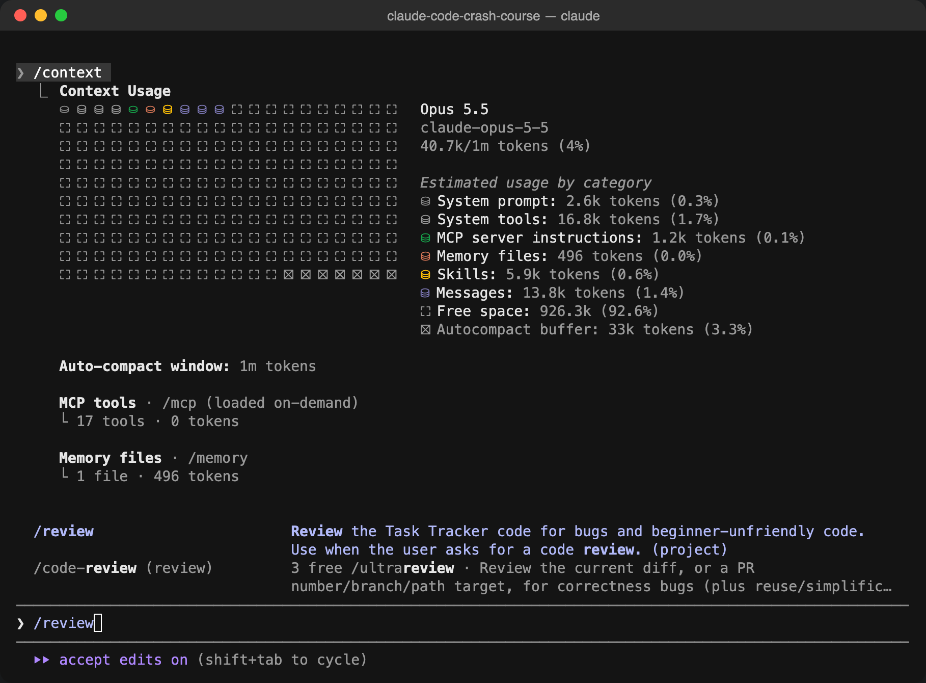Typing /review shows the project skill in the command menu