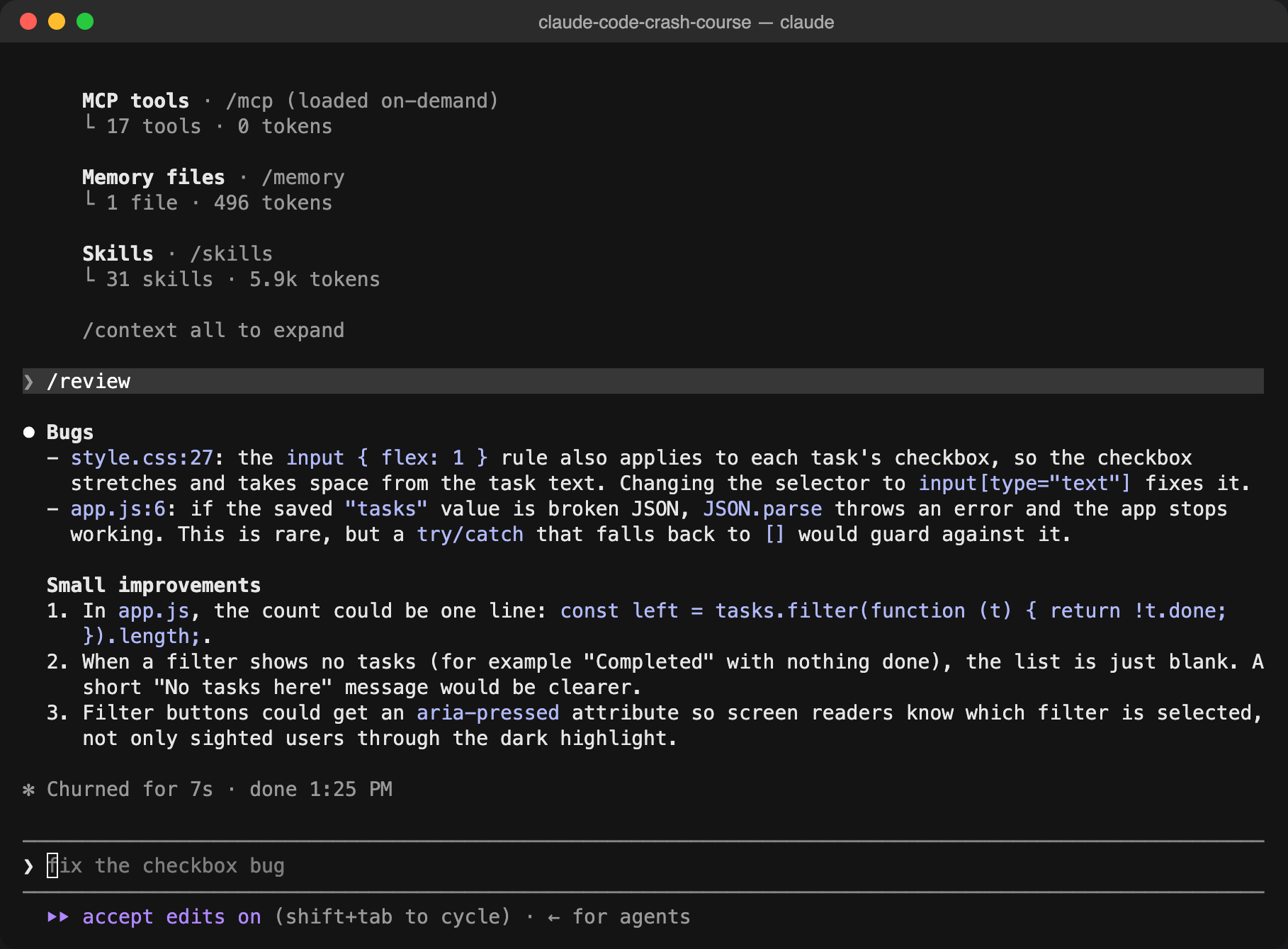 The review skill's output: two bugs and three small improvements