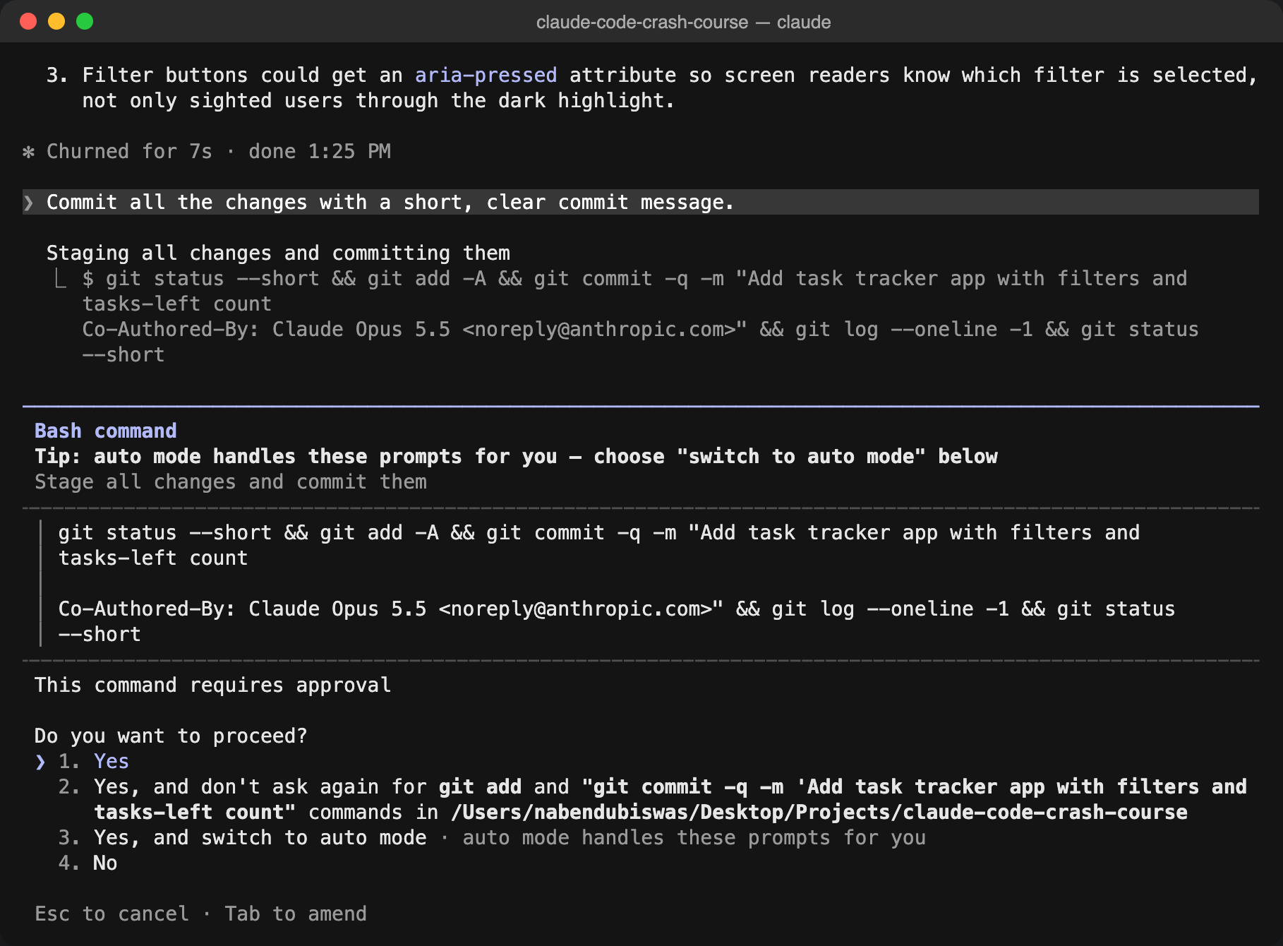 Claude asks permission to run git add and git commit