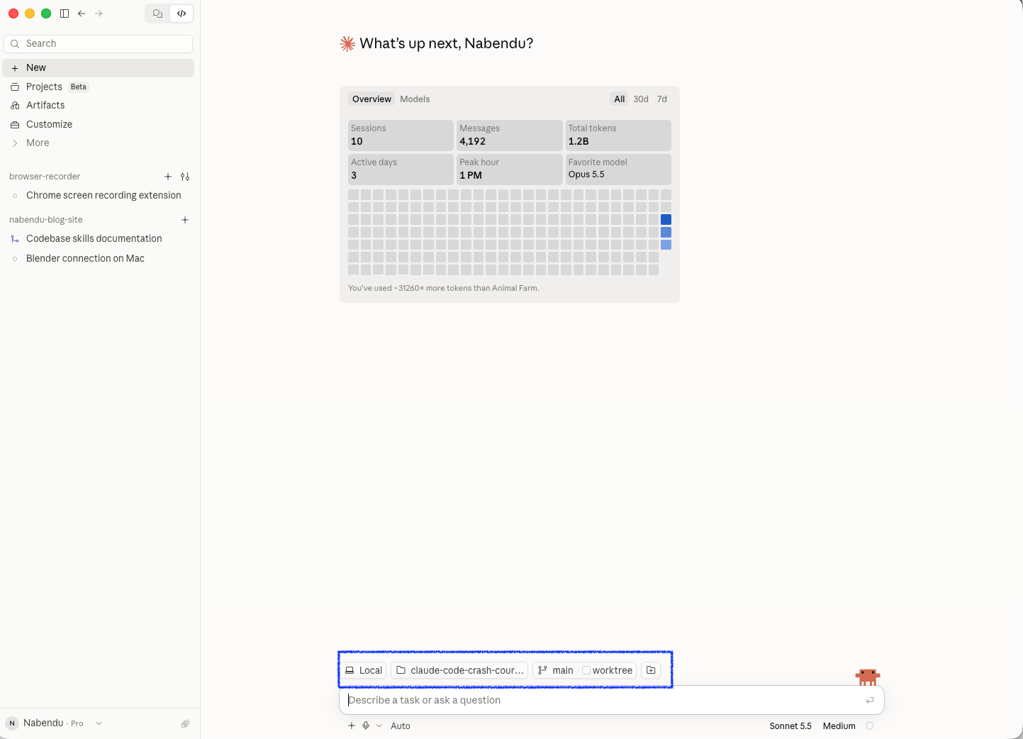 A new session in the Code tab, with Local, the project folder, branch and worktree highlighted, and the model and permission mode below the prompt box