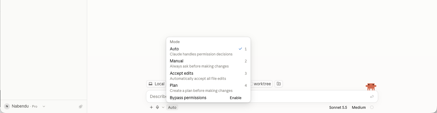 The mode selector open, listing Auto, Manual, Accept edits and Plan, plus Bypass permissions