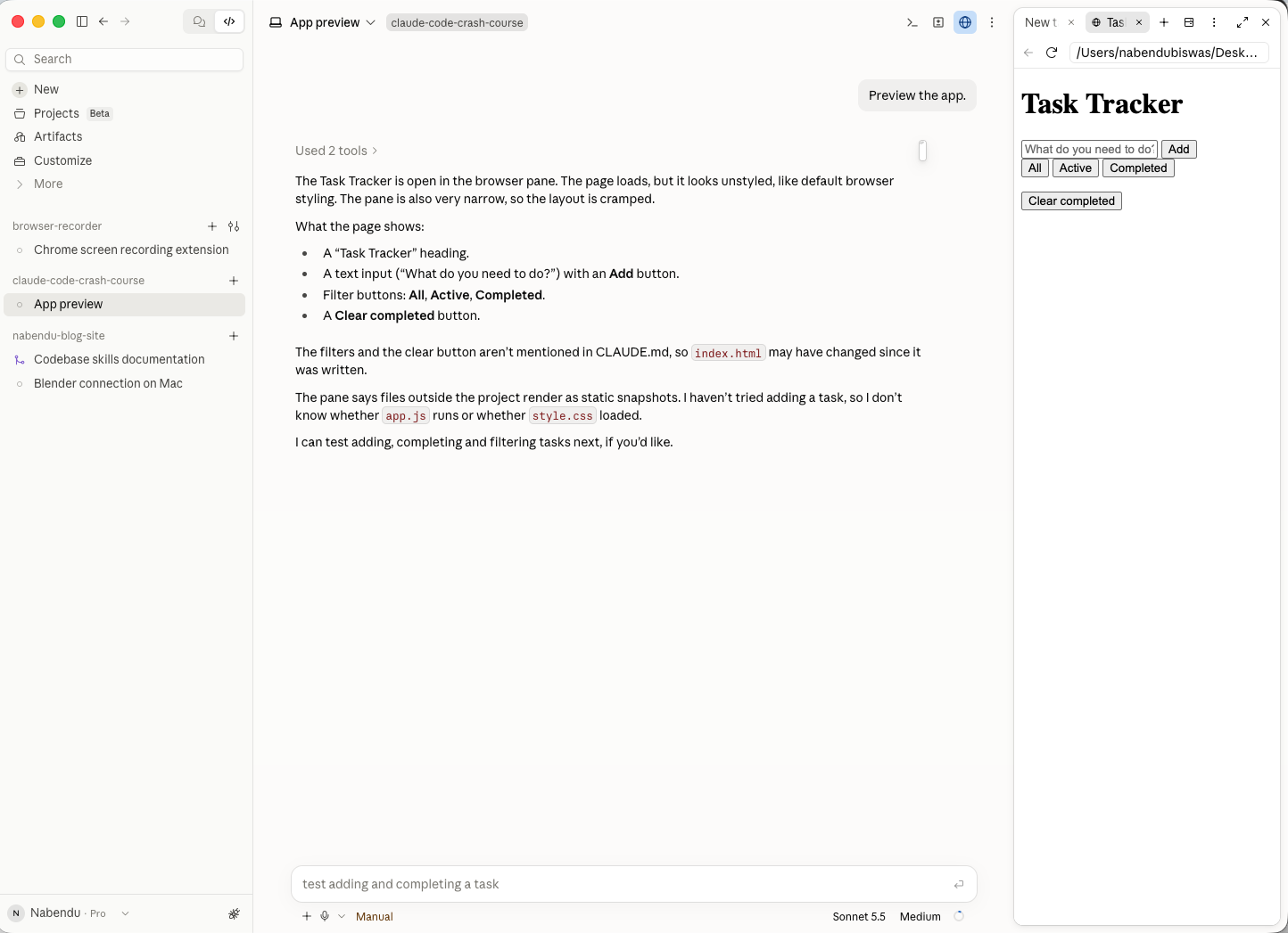 The Task Tracker running in the Browser pane next to the chat