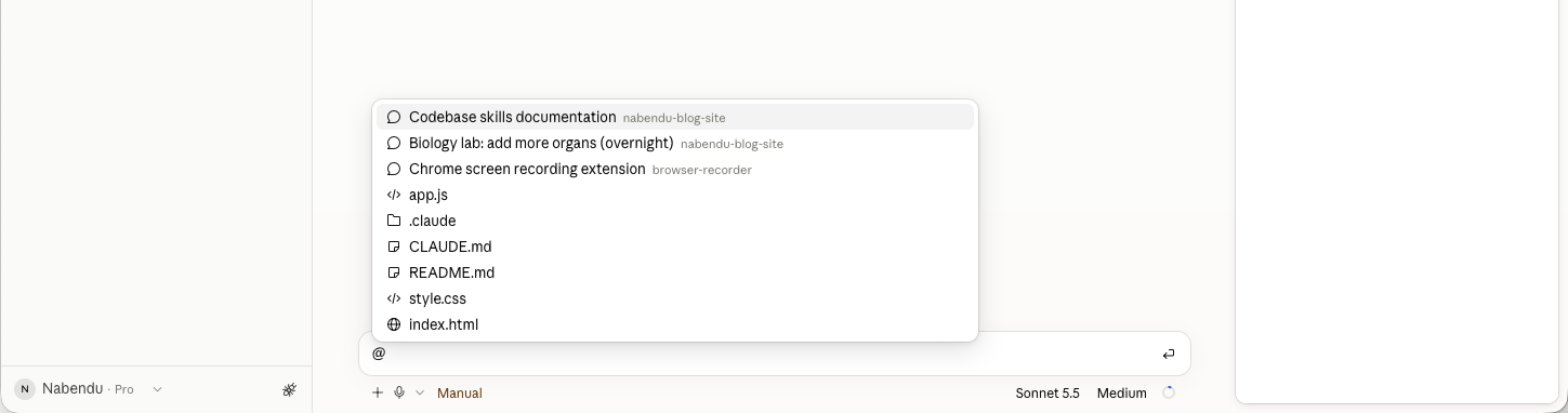 Typing @ in the prompt box shows recent chats, then project files such as app.js, CLAUDE.md and style.css