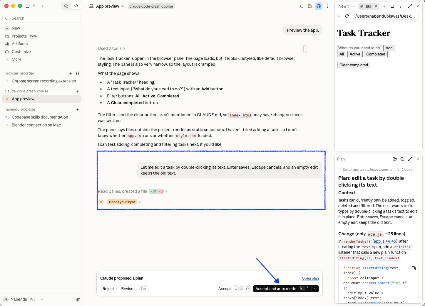 Claude's plan for double-click editing, shown in the Plan pane