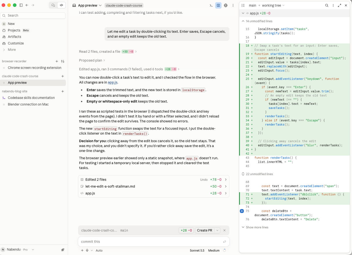 The diff view of app.js, with the blue + button on line 75 for adding a comment