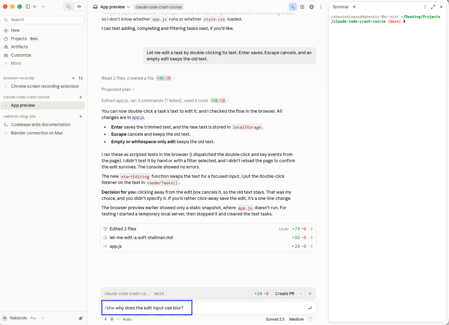 The prompt box with a /btw side question typed in, next to the Terminal pane