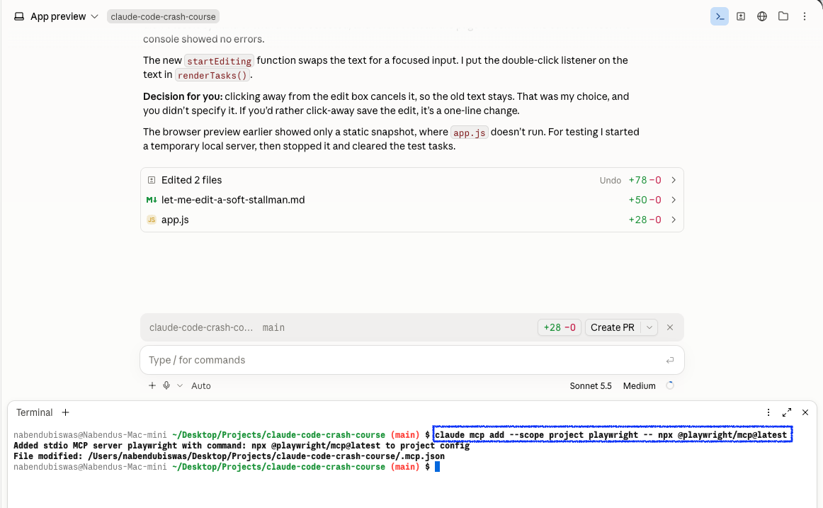 The Terminal pane after running claude mcp add, which reports that the playwright server was added to .mcp.json