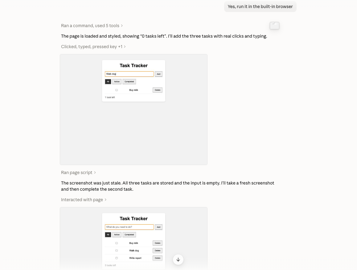 Claude in the desktop app clicking and typing in the built-in browser, adding tasks to the Task Tracker