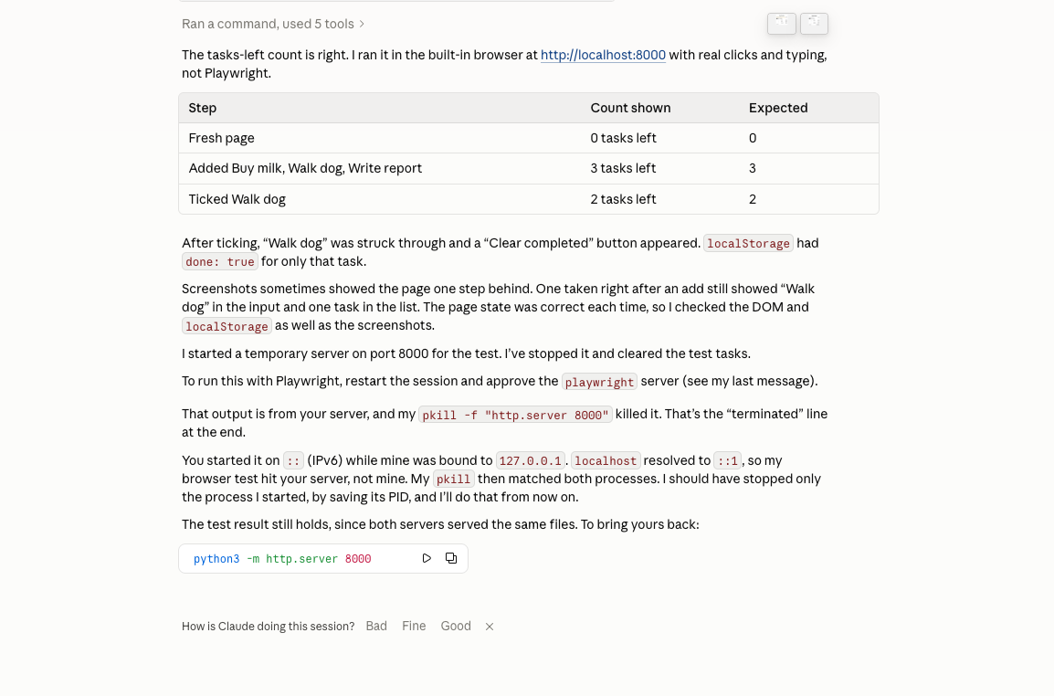 Claude's report as a table: 0, 3 and 2 tasks left, each matching the expected count