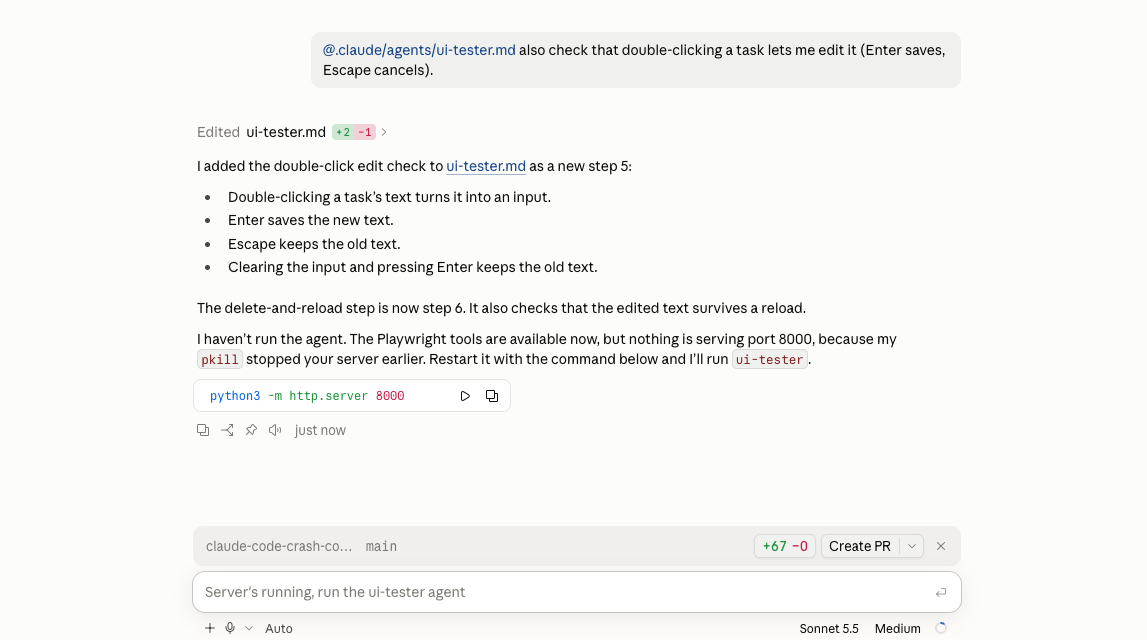 A prompt mentioning .claude/agents/ui-tester.md, and Claude's reply that it added the double-click check as a new step 5