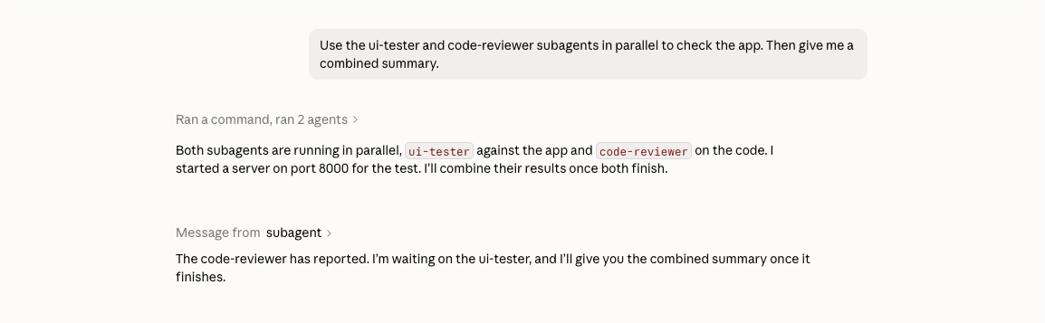 Claude reporting that ui-tester and code-reviewer are running in parallel, and that the code-reviewer has already reported