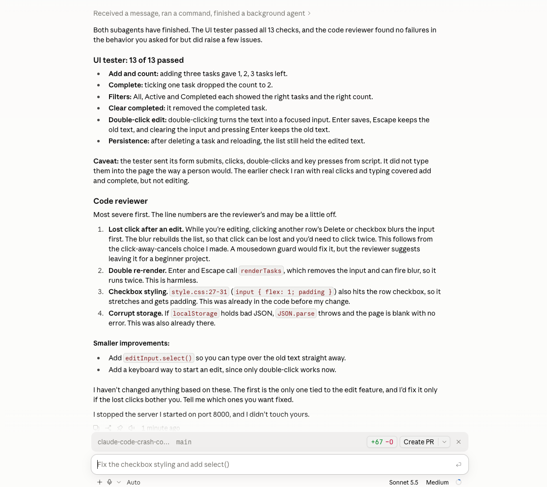 Claude's combined summary: the UI tester passed 13 of 13 checks, and the code reviewer listed four issues and two smaller improvements