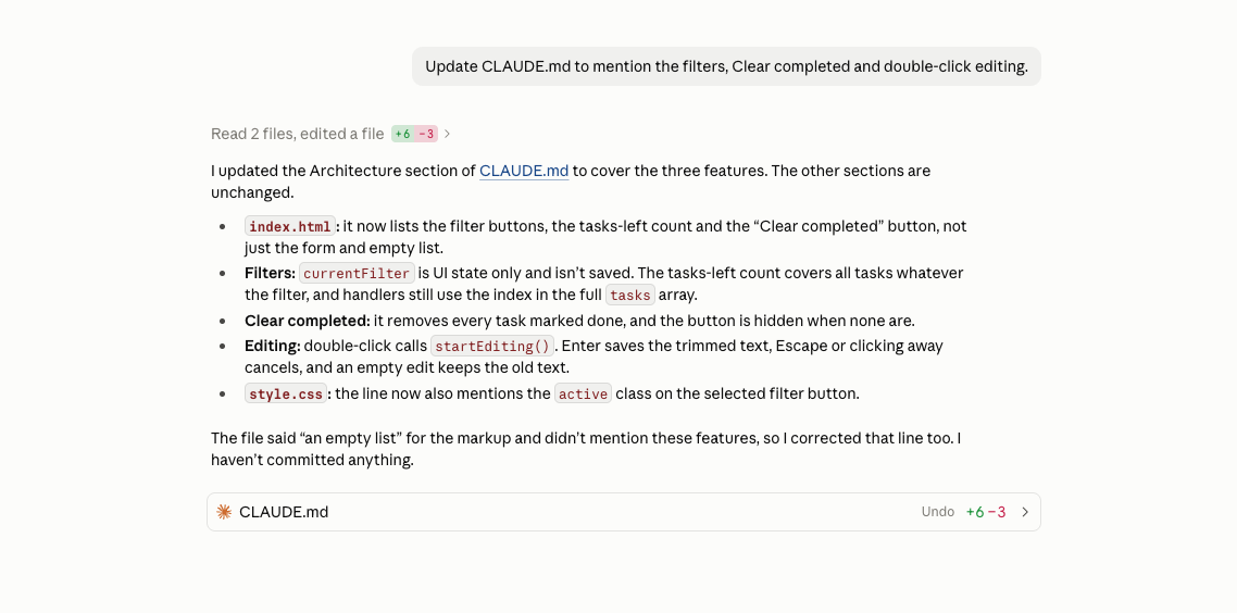 Claude updating CLAUDE.md, with a +6 -3 change, and listing what it added for the filters, Clear completed and editing