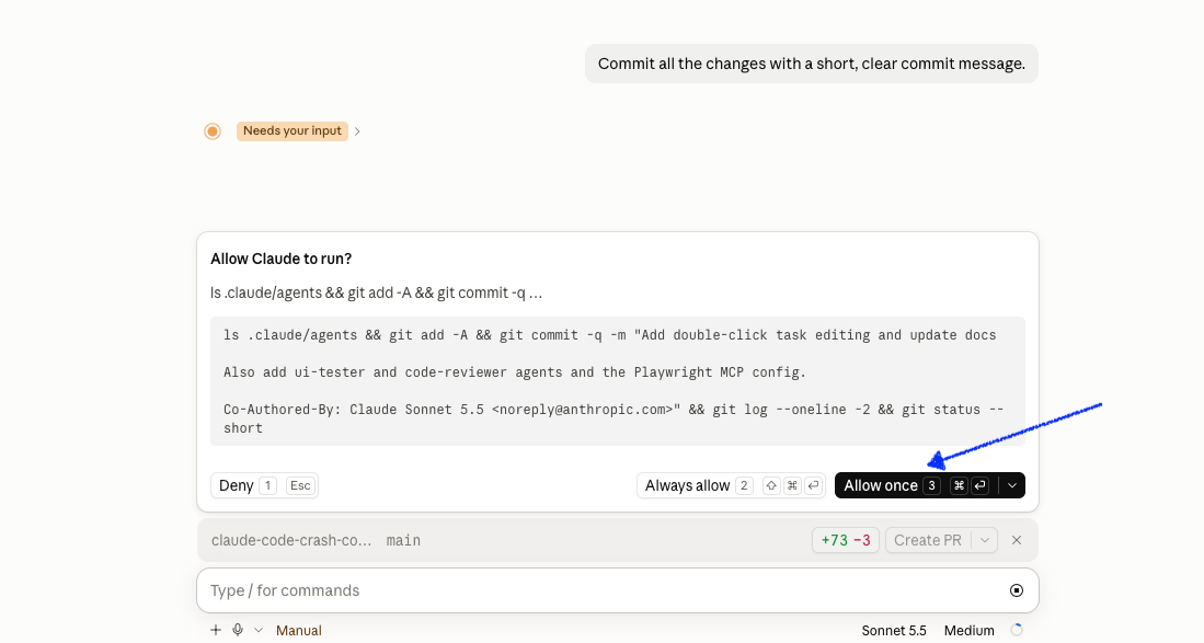 The permission prompt "Allow Claude to run?" showing the git add and git commit command, with an arrow on Allow once