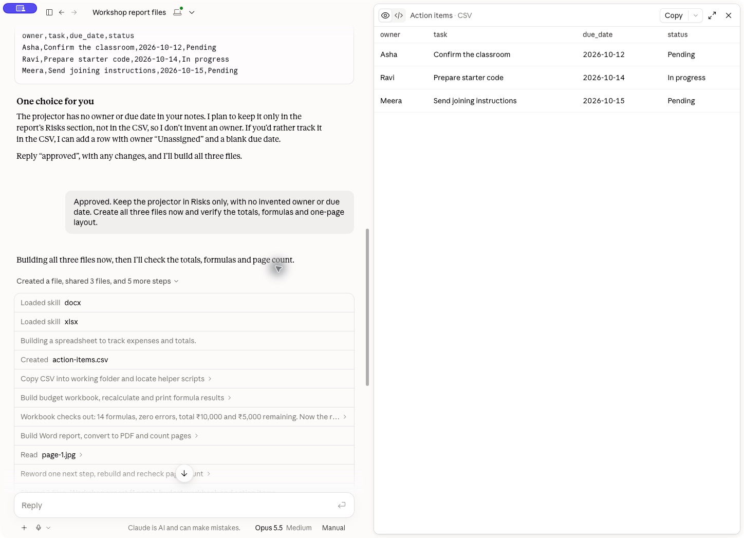 Claude's execution history showing document skills, file creation and budget checks