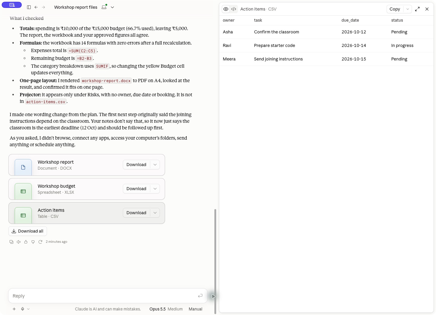 Claude's completed workshop report, workbook and action CSV