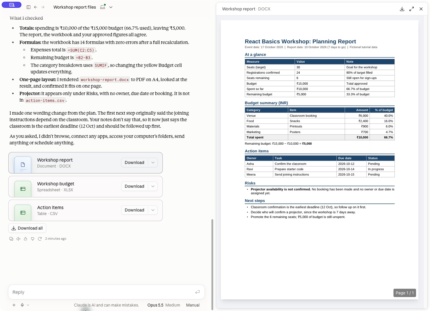 Preview of the generated one-page workshop planning report