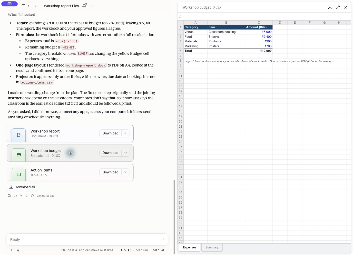 Preview of the generated workshop budget workbook