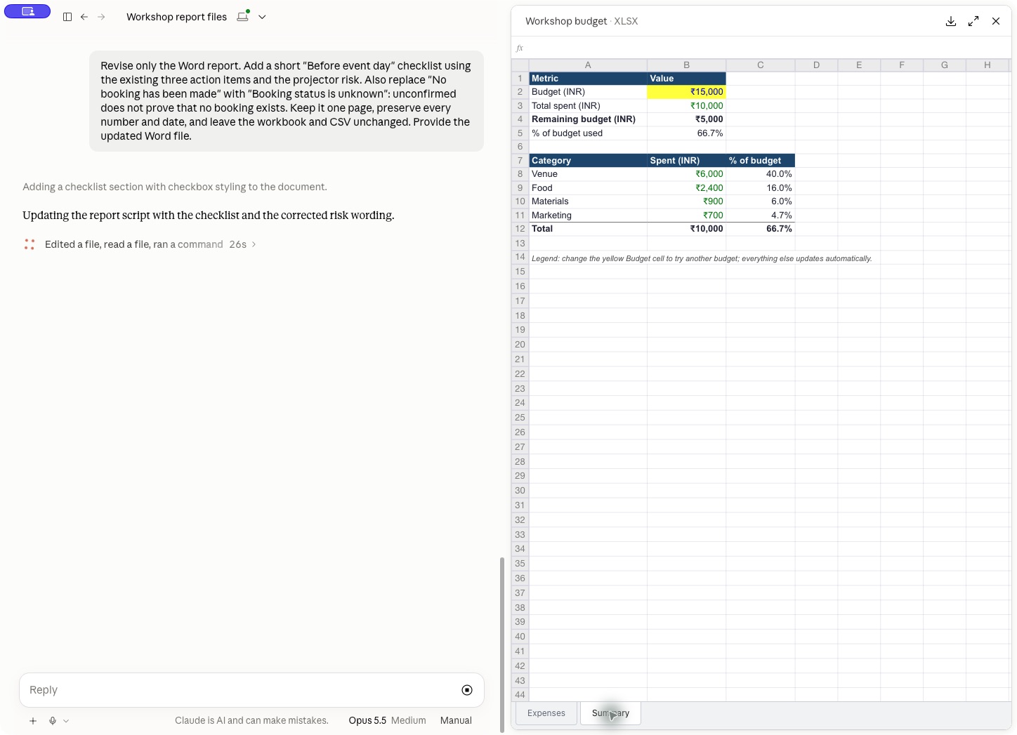 The budget Summary tab showing the budget, expenses, remaining balance and category breakdown