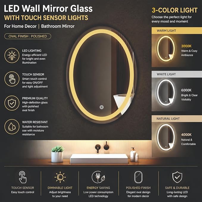LED Bathroom Wall Mirror with Decorative 3 Light Design | Warm | Natural | Cool White | Touch Sensor | for Wash Basin | Bedroom |
