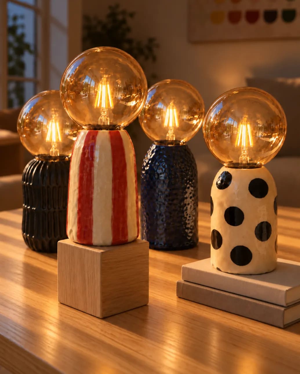 4 lámparas de cerámica encendidas sobre una mesa de madera