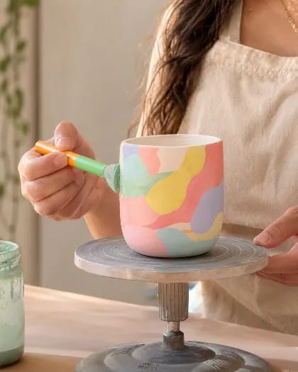 Mujer esmaltando un vaso de cerámica con colores pastel