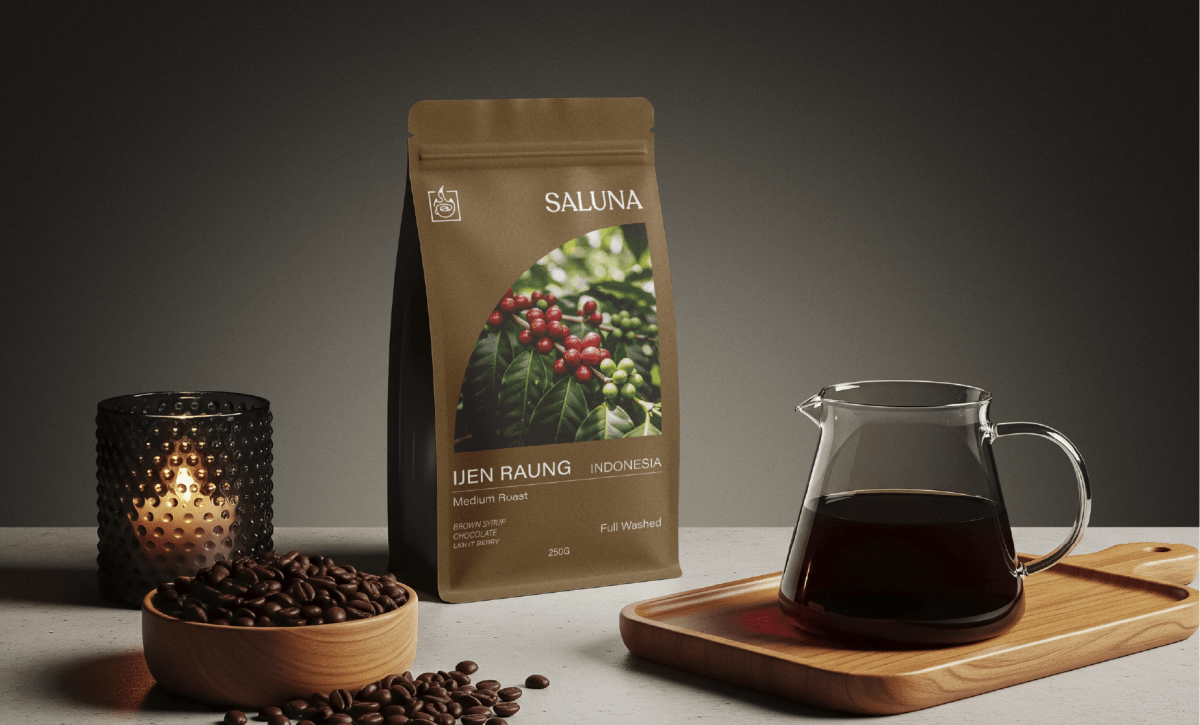 Saluna Roastery yellow coffee bag for Huila Alto Colombia — specialty coffee packaging design by Shapedge Studio