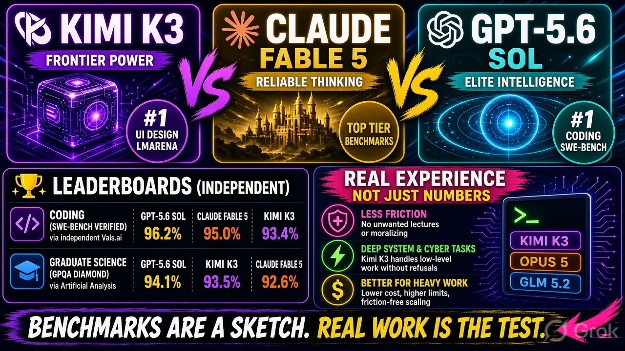Kimi K3 vs Claude Fable 5 vs GPT-5.6 Sol: Leaderboards and Real Experience?