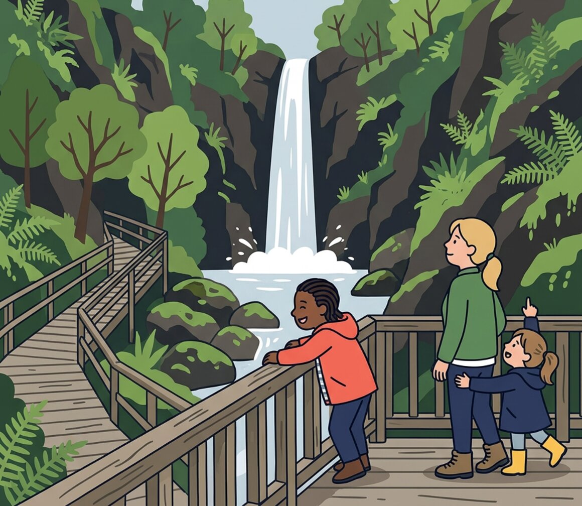 Illustration of a family at Canonteign Falls waterfall in Devon