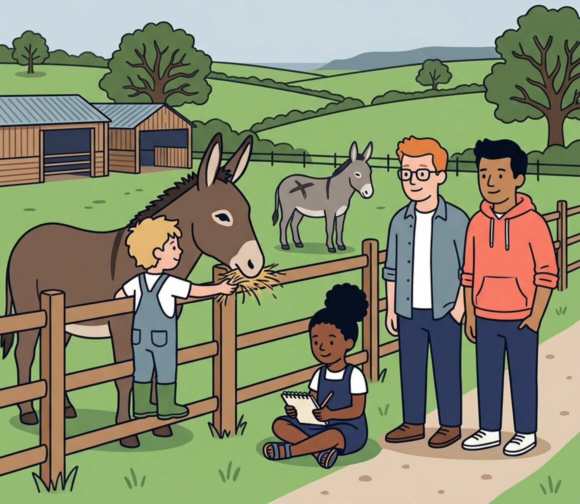 Illustration of a family visiting the Donkey Sanctuary near Sidmouth