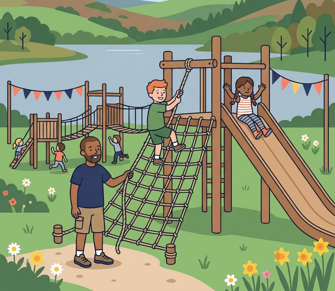 Illustration of a family at River Dart Country Park adventure playground on Dartmoor