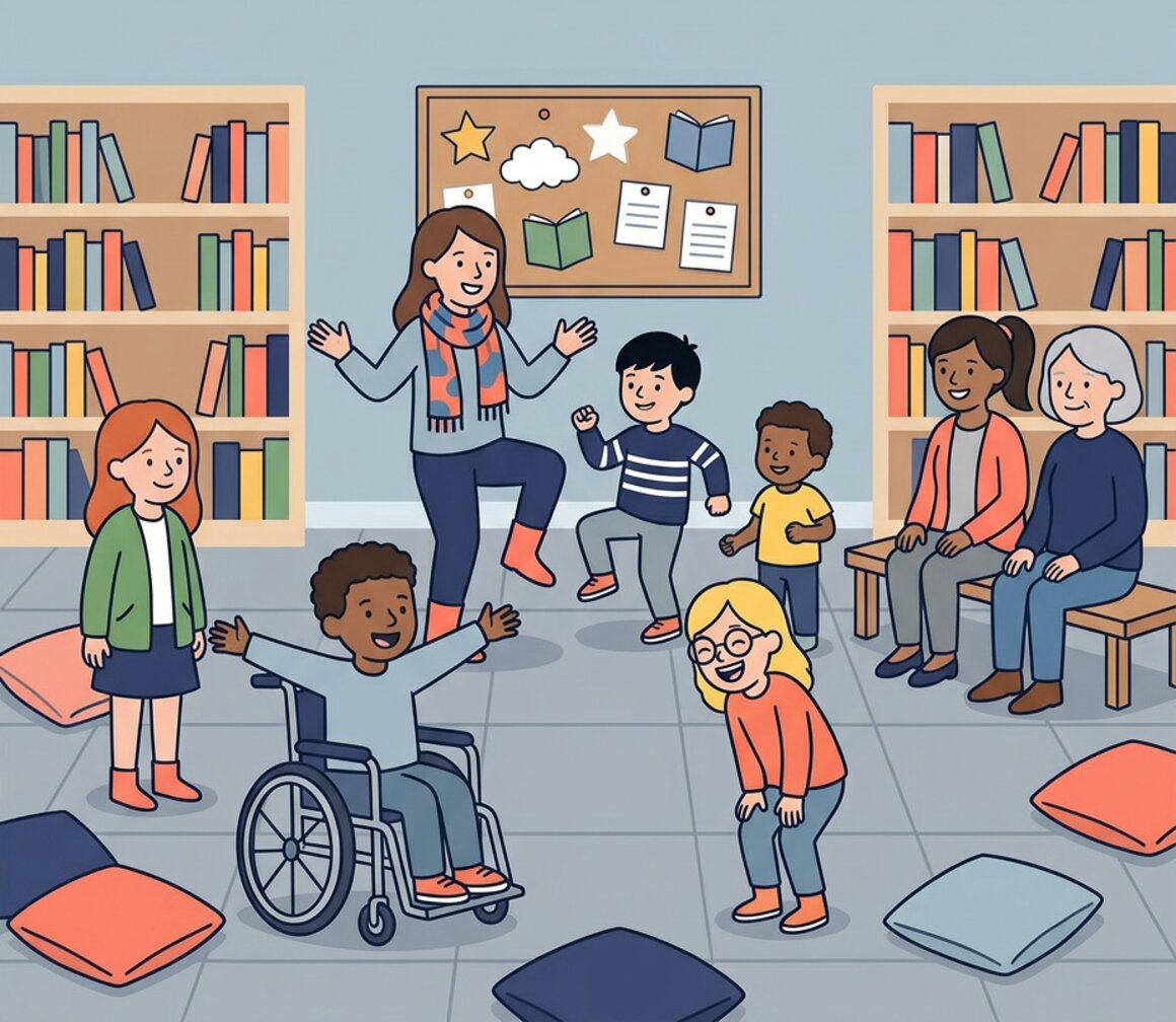 Illustration of children in a drama workshop at Exeter Library