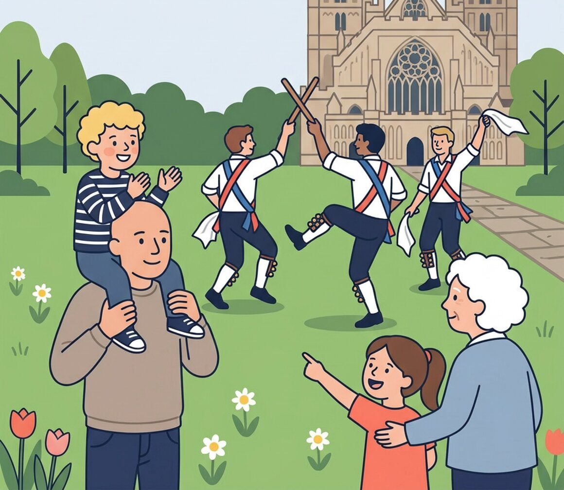Illustration of Morris dancers performing on Cathedral Green in Exeter