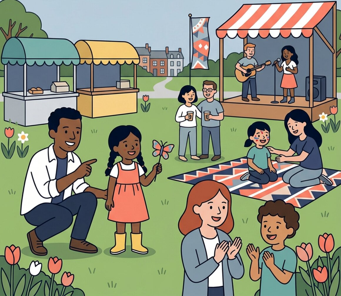 Illustration of a family at the Exeter Respect Festival in Belmont Park