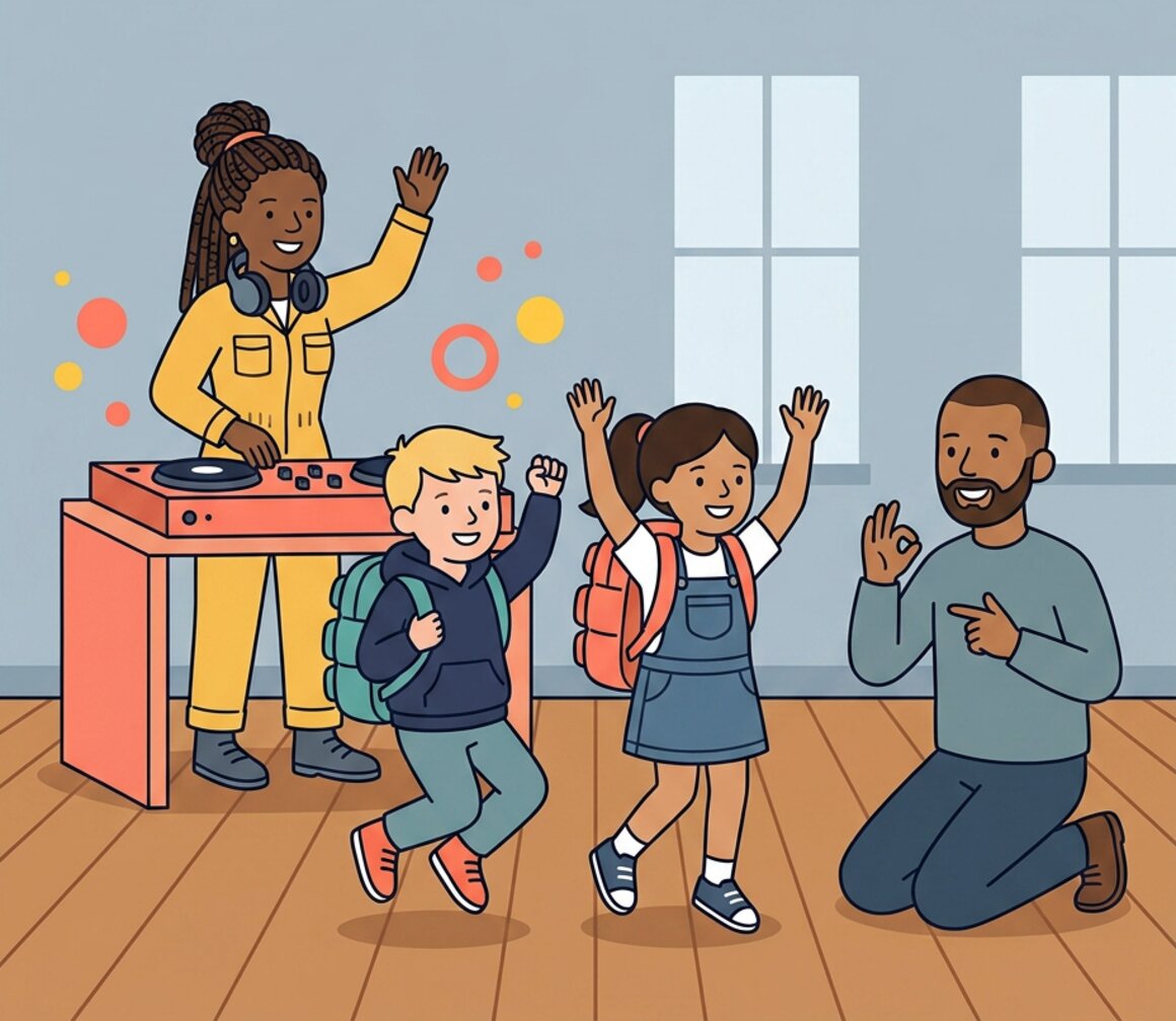 Illustration of a family at the Family Deaf Rave at Barnfield Theatre